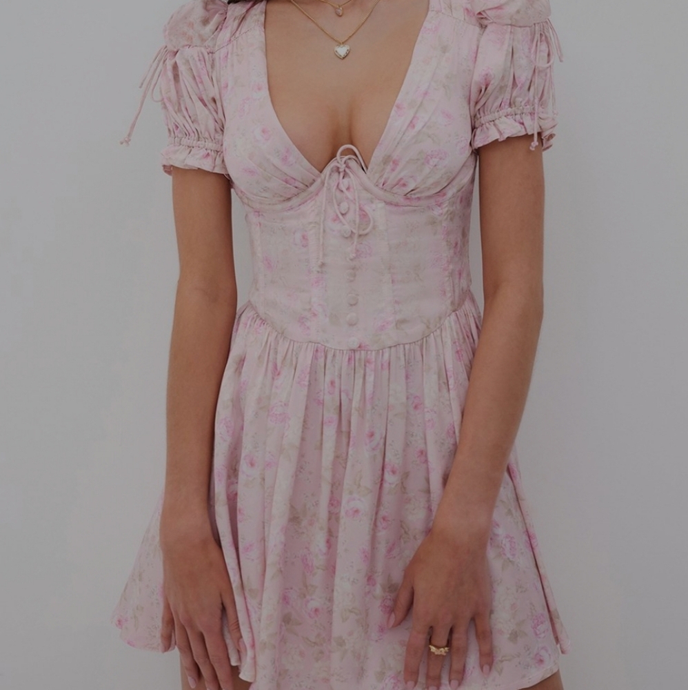 For Love & Lemons Paulina Puff Sleeve Short Sleeve Mini Satin Corset Dress